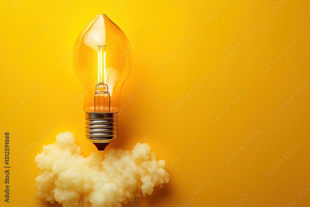 Poster light bulb launching into the air like a rocket amidst bright yellow background creating a vibrant a
