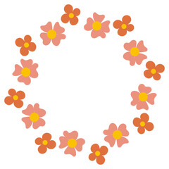Simple flowers round frame. Floral wreath with red flowers.