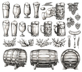 Variety of beers and brewing items shown