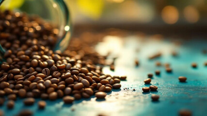 Coffee beans on blue wooden table. 