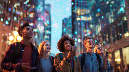 Group of diverse young people using smartphones and looking amazed in a city illuminated by digital lights.
