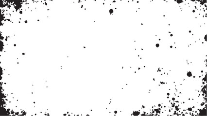 Grungy Black Ink Splatter Border on White Background. Black spots scattered across the white surface. Ink dots. 