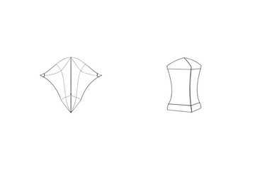 Simple black and white silhouettes of a kite and a bollard or signpost on white