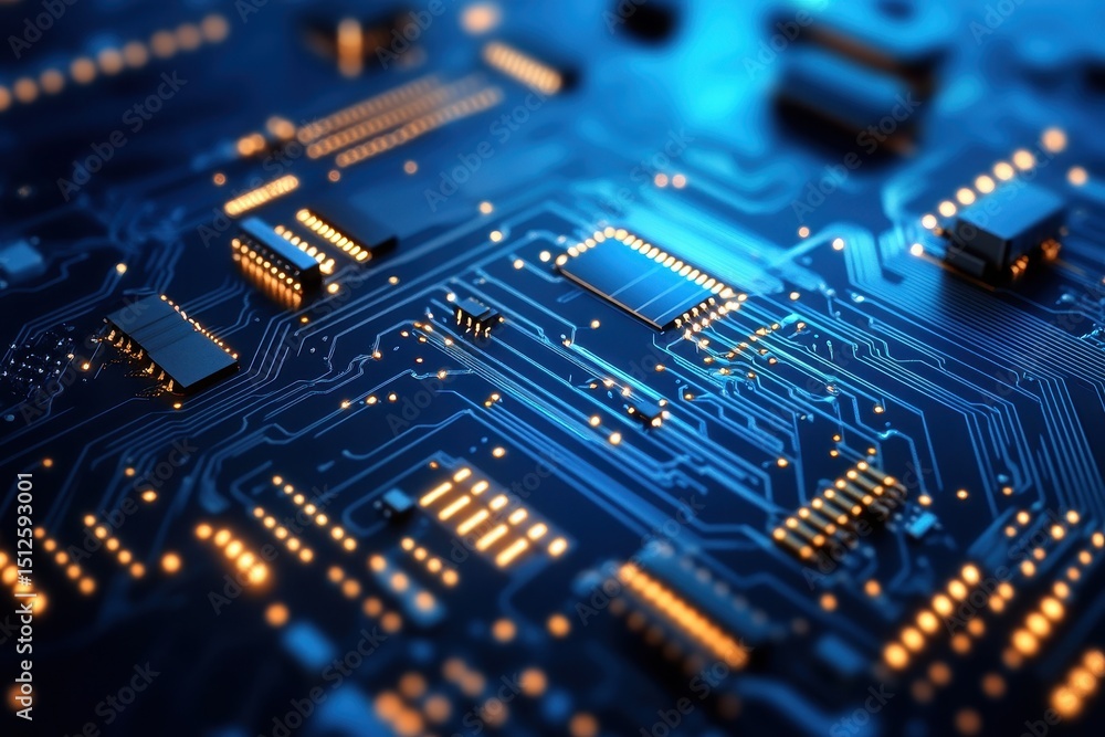 Poster complex electronic circuit board background with intricate designs and glowing connections highlight