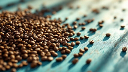 Coffee beans on blue wooden table. 