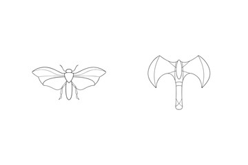 Hand drawn outline illustrations of a butterfly and a battle axe on white background