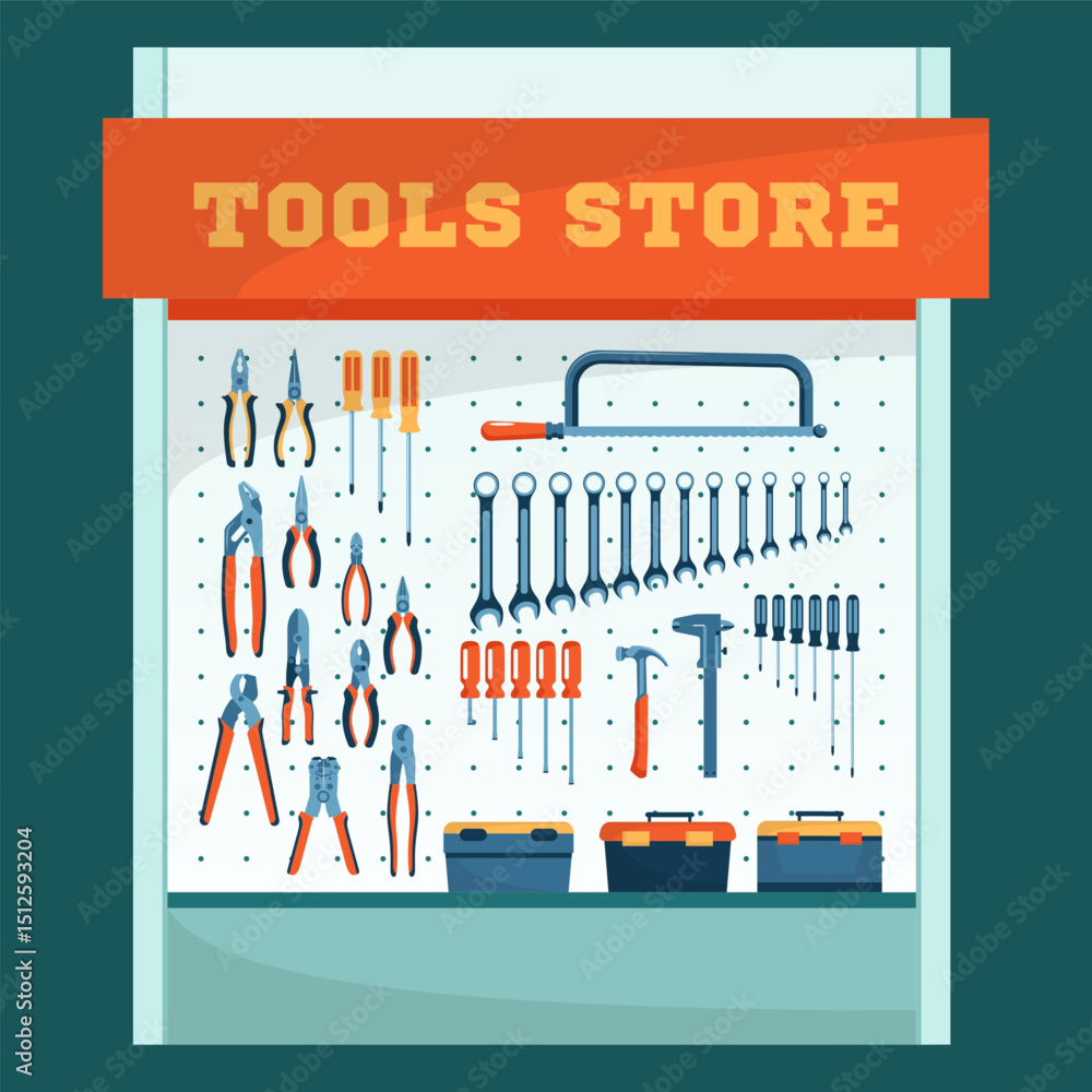 Poster cartoon color showcase of tool store assortment of instrument and tools concept flat design style. v