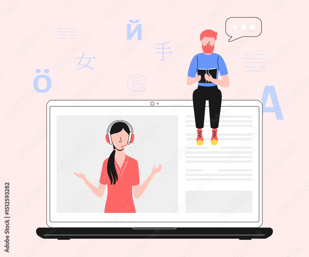 Poster cartoon color characters people and language learning online course concept flat design style and li