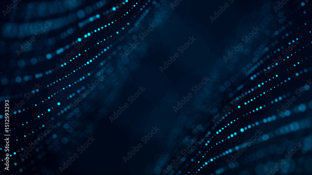 Poster abstract blue background with moving glowing particles. big data. 3d rendering.
