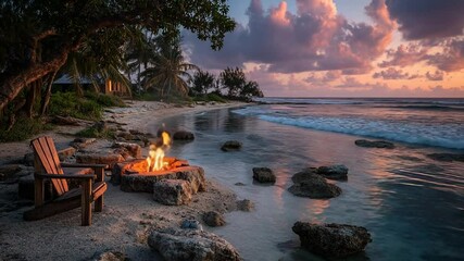 A Serene Beach Escape: Campfire, Tranquil Waves, and Pastel Sunset with Adirondack Chair - Powered by Adobe