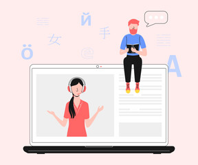 Cartoon Color Characters People and Language Learning Online Course Concept Flat Design Style and Line Elements. Vector illustration