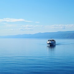 Majestic White Vessel Sailing on the Serene Waters of Lake Baikal Under a Bright Blue Sky