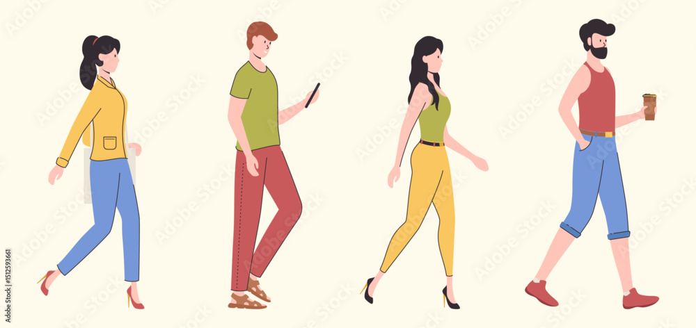 Poster cartoon color characters people walking alone set concept flat design style with elements thin line.