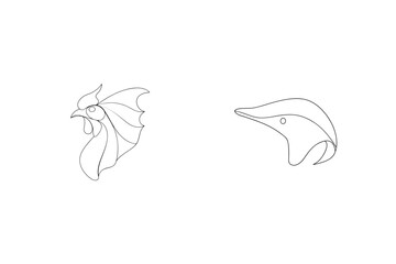 Two vector line art illustrations of a rooster and an aquatic bird against a white backdrop