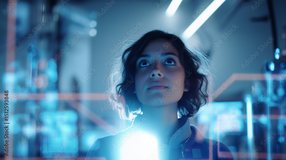 Poster focused scientist looking at glowing digital neural networks in a futuristic laboratory.