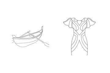 Elegant outline drawing of a gondola and a stylish dress illustration on white background