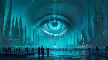 Obraz premium Dystopian cityscape an ai s watchful eye over skyscrapers and flowing data in a night scene