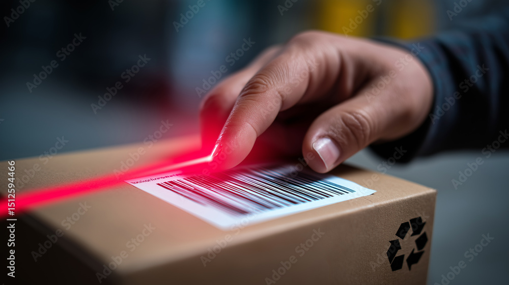 Poster close-up of a barcode being scanned with a red laser on a cardboard package.