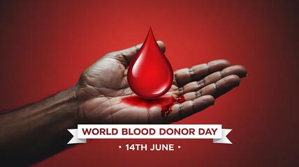 A hand holding a blood drop with world blood donor day message on a red background