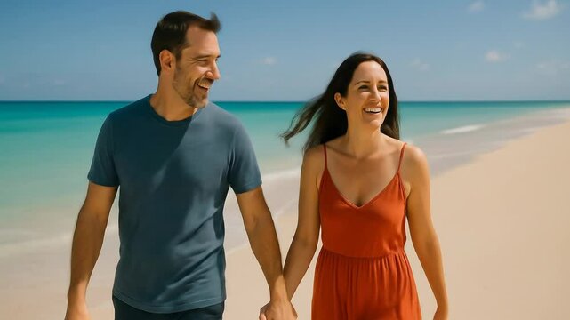 Happy couple walking on a tropical beach