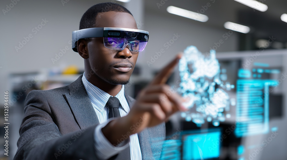 Poster business professional using augmented reality headset to manipulate digital holographic data in a hi