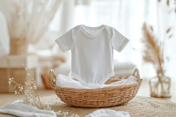 Stylish Baby Bodysuit Mockup with Organic Cotton in a Charming Basket - Perfect for Pregnancy Announcements and Infant Fashion