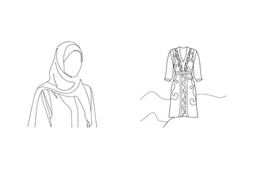 Elegant minimalist line art of a woman in hijab with a stylized patterned dress