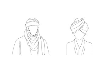 Minimalist line art illustrations of two people wearing turbans with simple design