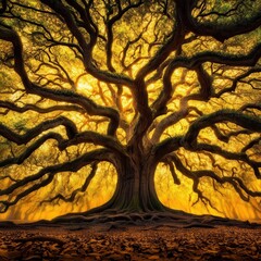 Golden Sunlight Illuminates Ancient Oak Tree