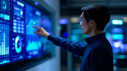 Businessman analyzing financial and technical data on a large digital screen.
