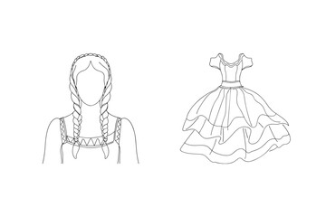 Simple line art illustration of a girl with braids and a classic flared dress