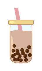 Bubble tea showing boba pearls and pink straw in rounded glass tumbler, vector