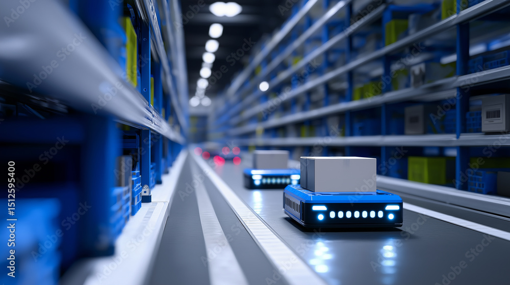 Poster autonomous delivery robots transporting packages through a high-tech automated warehouse aisle.