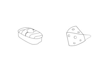 Simple line drawing of sushi roll and cheese wedge food illustration