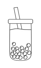 Bubble tea showing boba pearls and straw in rounded glass tumbler, vector outline for coloring book
