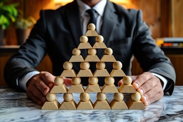 Hands supporting wooden figures in pyramid shape symbolizing leadership and teamwork success
