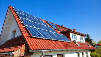 Rooftop solar panels on modern home under clear sky, Energy-efficient building with solar installation