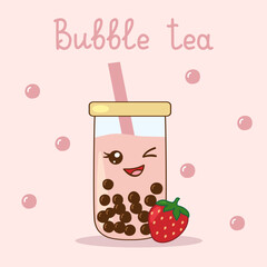 Kawaii style strawberry bubble tea, also known as boba, served in a glass jar, with lettering