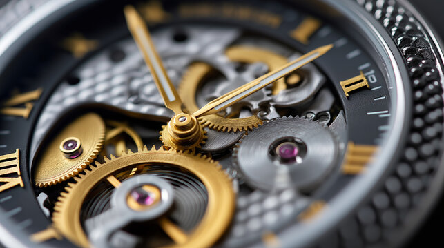 Extreme close-up of a luxury mechanical watch showcasing intricate gears and golden hands.
