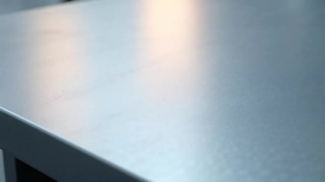Brushed metal surface with soft light reflections, industrial steel texture background, clean metallic tabletop for product placement and mockups