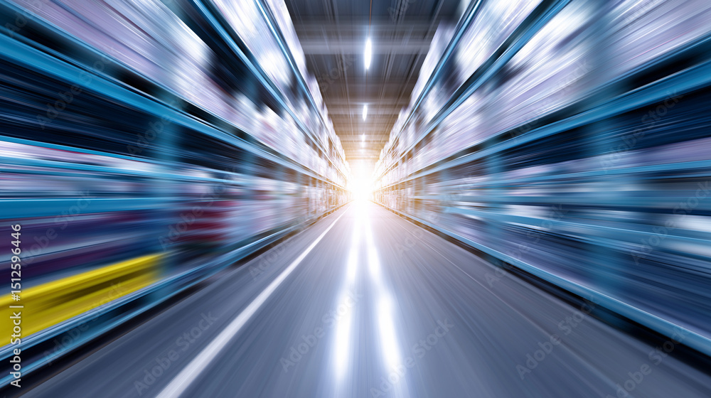 Poster high-speed motion blur through a futuristic tunnel with glowing lines and central light.