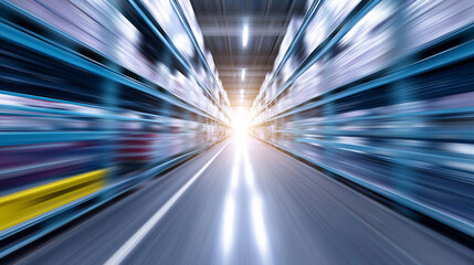High-speed motion blur through a futuristic tunnel with glowing lines and central light.
