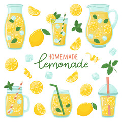 Homemade lemonade. Hand drawn vector set. Lemonade in assorted glasses, lemons and ice