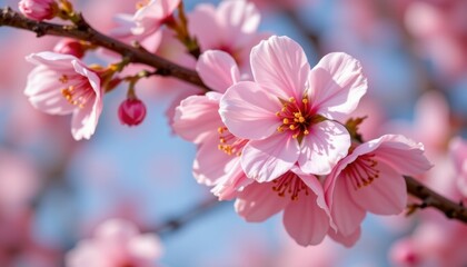 Naklejka premium Cherry Blossom Blooming in Spring Nature Photography Floral Close-Up Bright Background Serene Beauty