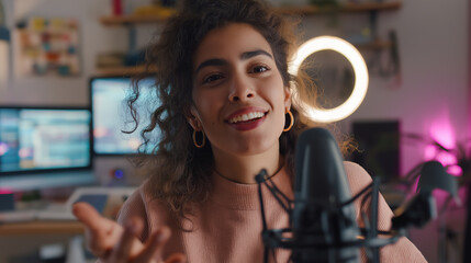 Confident young woman speaking into a microphone with ring light and computer screens in a creative home studio.
