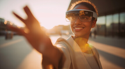Smiling woman using augmented reality smart glasses and interacting with a virtual interface outdoors at sunset.
