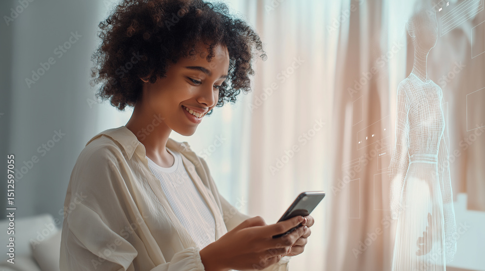 Poster smiling woman using smartphone at home with digital shopping interface in the background.