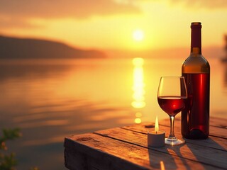 Romantic Sunset Wine: Red Wine Bottle and Glass on Wooden Dock
