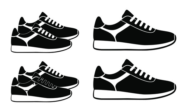 stylized black and white sport shoes, including pairs and single shoes, ideal for representing athletic footwear, running, or fitness activities.