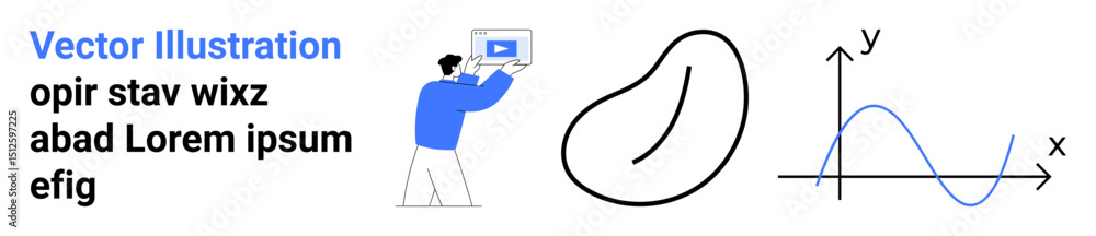 Poster man holding a screen displaying a play button, abstract bean-thumbs up shape, simple x-y graph with 